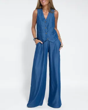 2-Piece Linen Trousers and Top Set for Women - Summer Outfit in Lightweight Fabric