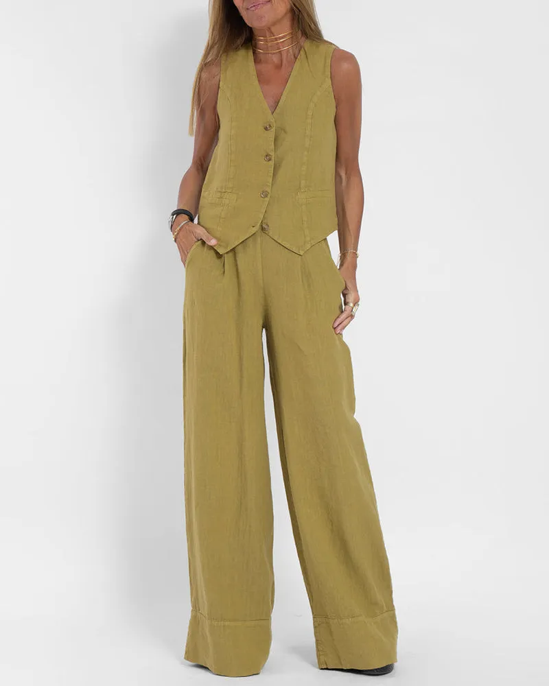 2-Piece Linen Trousers and Top Set for Women - Summer Outfit in Lightweight Fabric
