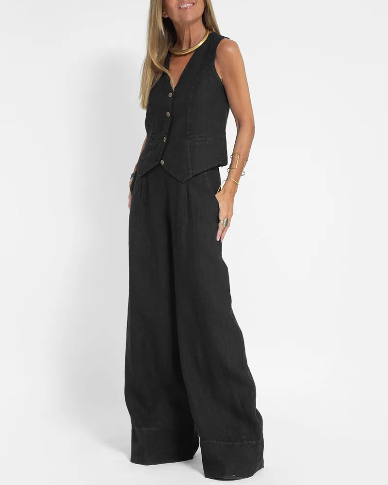 2-Piece Linen Trousers and Top Set for Women - Summer Outfit in Lightweight Fabric