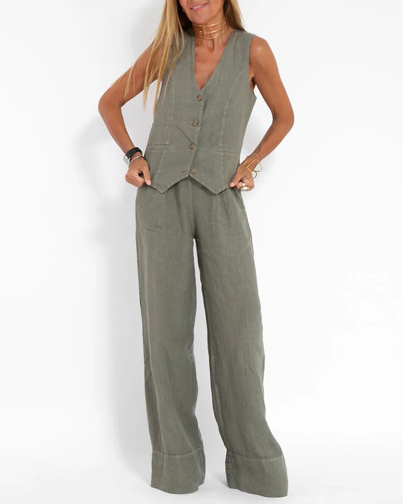 2-Piece Linen Trousers and Top Set for Women - Summer Outfit in Lightweight Fabric