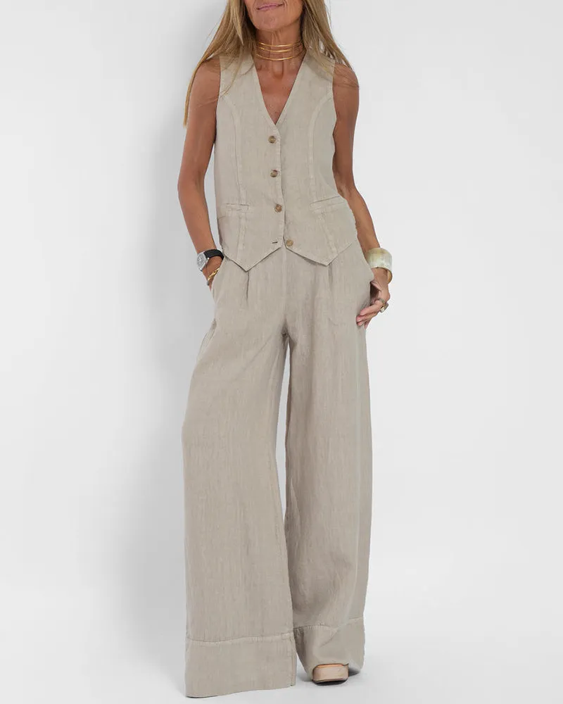 2-Piece Linen Trousers and Top Set for Women - Summer Outfit in Lightweight Fabric