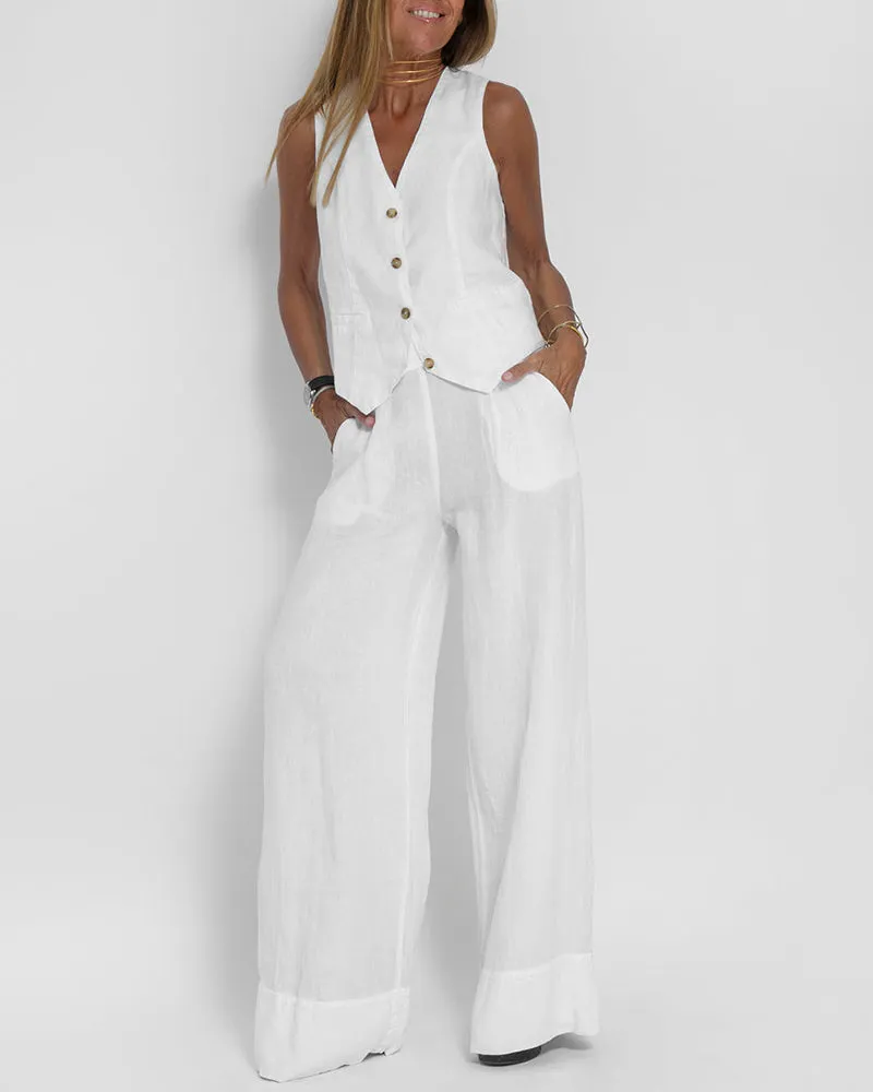 2-Piece Linen Trousers and Top Set for Women - Summer Outfit in Lightweight Fabric