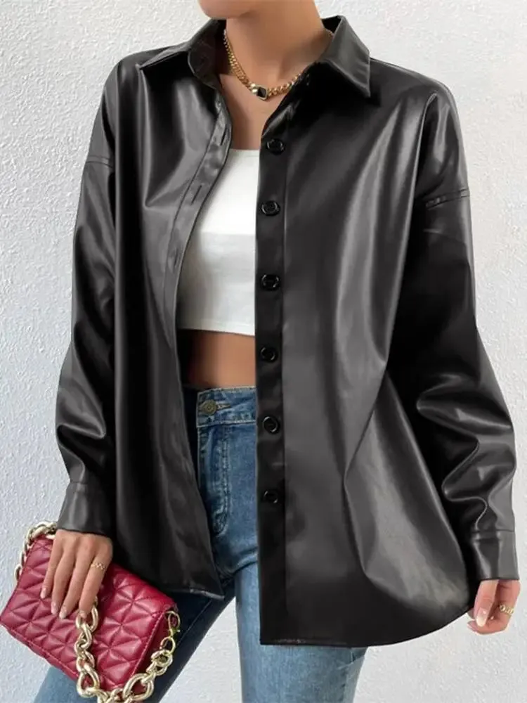 2023 Autumn Lapel Collar Coats ZANZEA Women Bomber Jackets Streetwear PU Leather Long Sleeve Blazer Oversized Buttons Outerwears