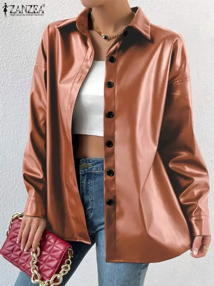 2023 Autumn Lapel Collar Coats ZANZEA Women Bomber Jackets Streetwear PU Leather Long Sleeve Blazer Oversized Buttons Outerwears