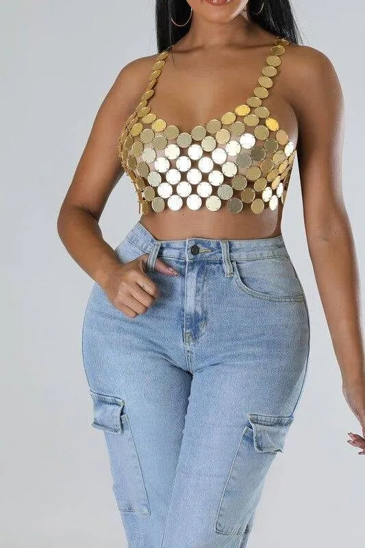 2025  YH3710 2025 hot-selling acrylic sequins, round sheets, thin sheets, sexy joints, hollow neck-wrapped tops, vests