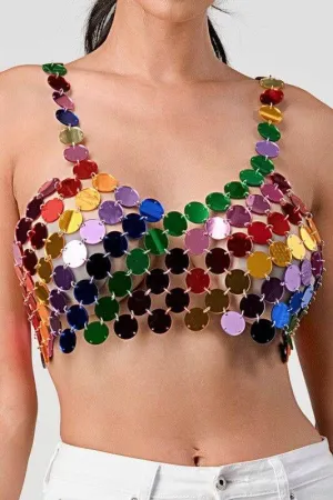 2025  YH3710 2025 hot-selling acrylic sequins, round sheets, thin sheets, sexy joints, hollow neck-wrapped tops, vests
