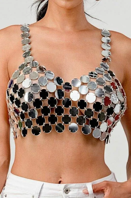 2025  YH3710 2025 hot-selling acrylic sequins, round sheets, thin sheets, sexy joints, hollow neck-wrapped tops, vests