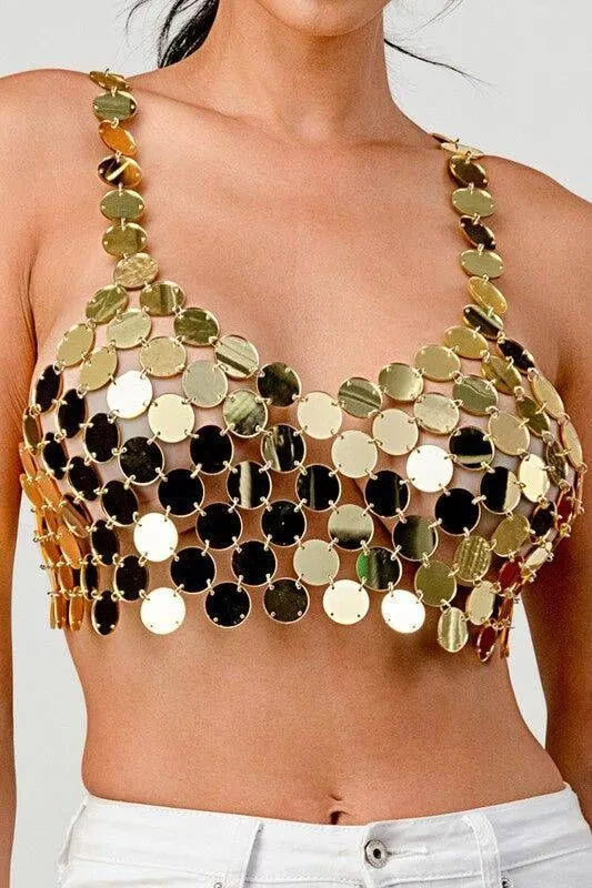 2025  YH3710 2025 hot-selling acrylic sequins, round sheets, thin sheets, sexy joints, hollow neck-wrapped tops, vests