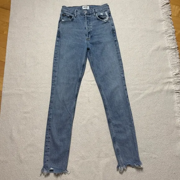 AGOLDE Nico High Rise Blue Denim Frayed Hem Crop Jeans 25 Stretchy