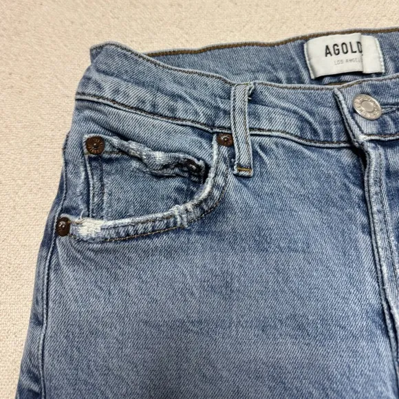 AGOLDE Nico High Rise Blue Denim Frayed Hem Crop Jeans 25 Stretchy