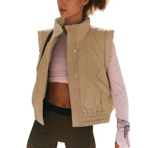 Ainangua Women Cropped Puffer Vest Button Sleeveless Light Jacket Scrunch Stand Collar Essentials Gilet with Pockets (Light-Khaki,M)