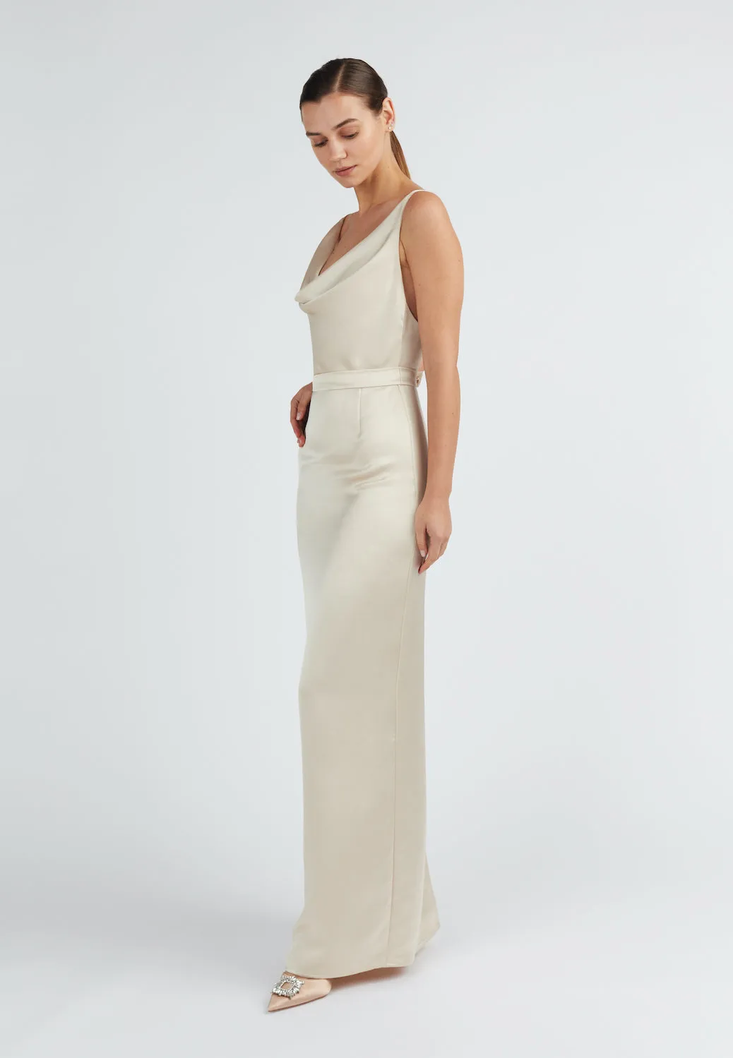 AMILA beige satin backless maxi dress