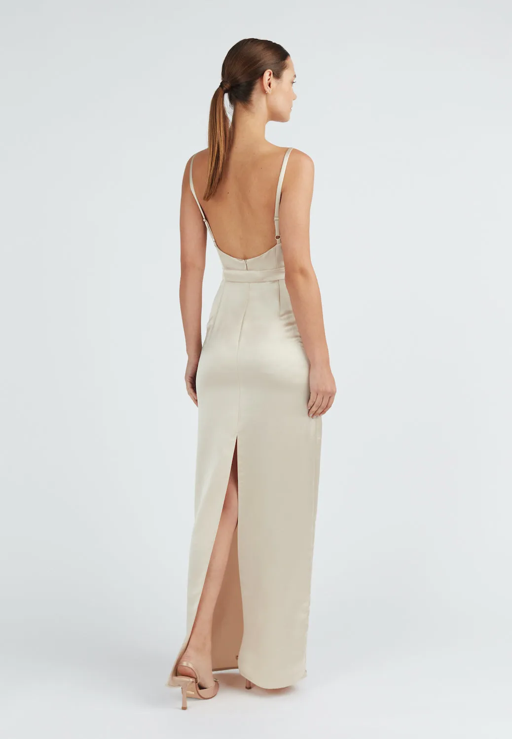 AMILA beige satin backless maxi dress