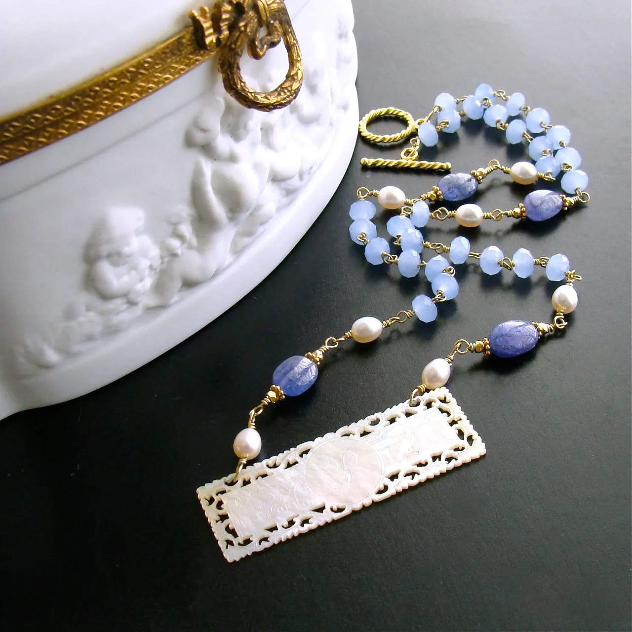 Antique MOP “P” Monogram Gaming Token Blue Chalcedony Tanzanite Necklace - L'offre II Necklace