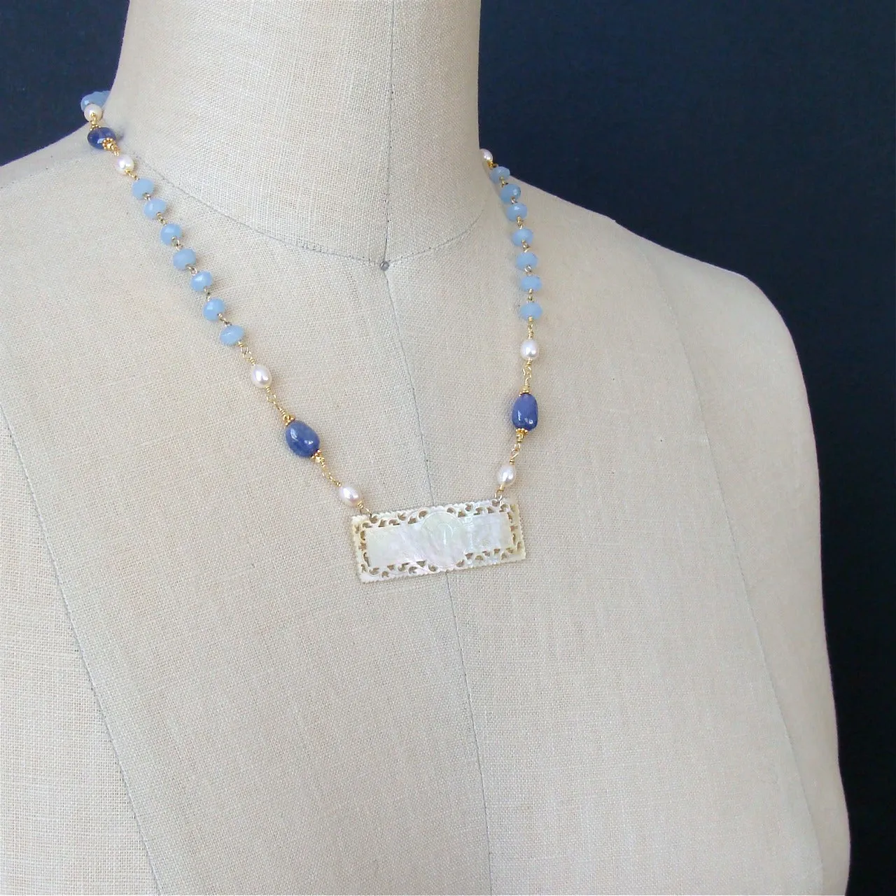 Antique MOP “P” Monogram Gaming Token Blue Chalcedony Tanzanite Necklace - L'offre II Necklace