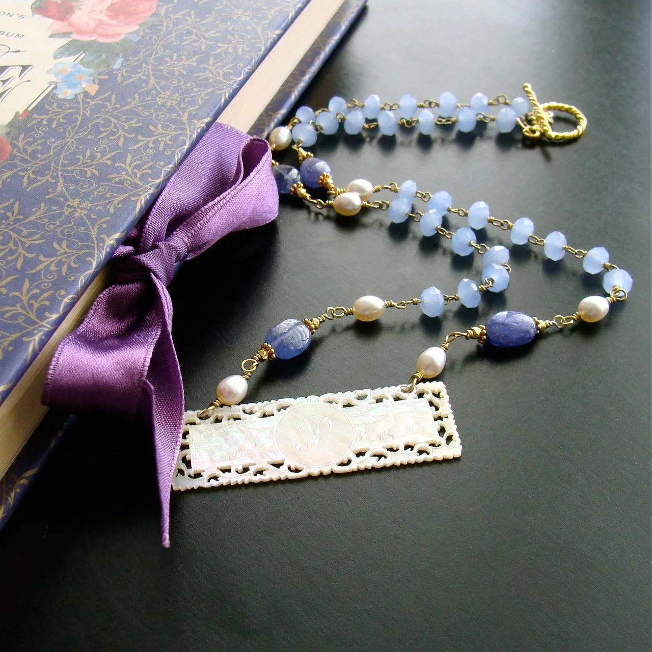 Antique MOP “P” Monogram Gaming Token Blue Chalcedony Tanzanite Necklace - L'offre II Necklace