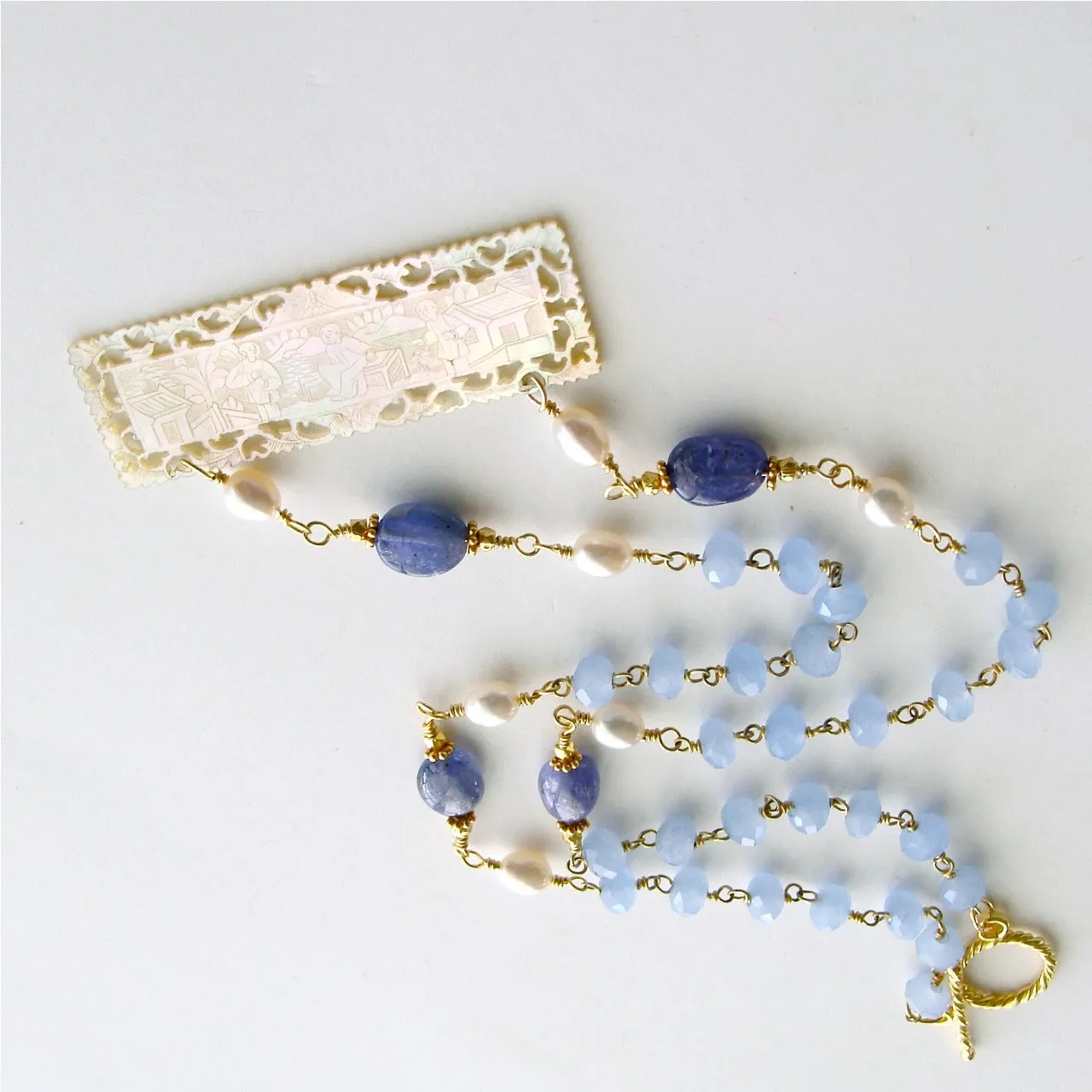 Antique MOP “P” Monogram Gaming Token Blue Chalcedony Tanzanite Necklace - L'offre II Necklace