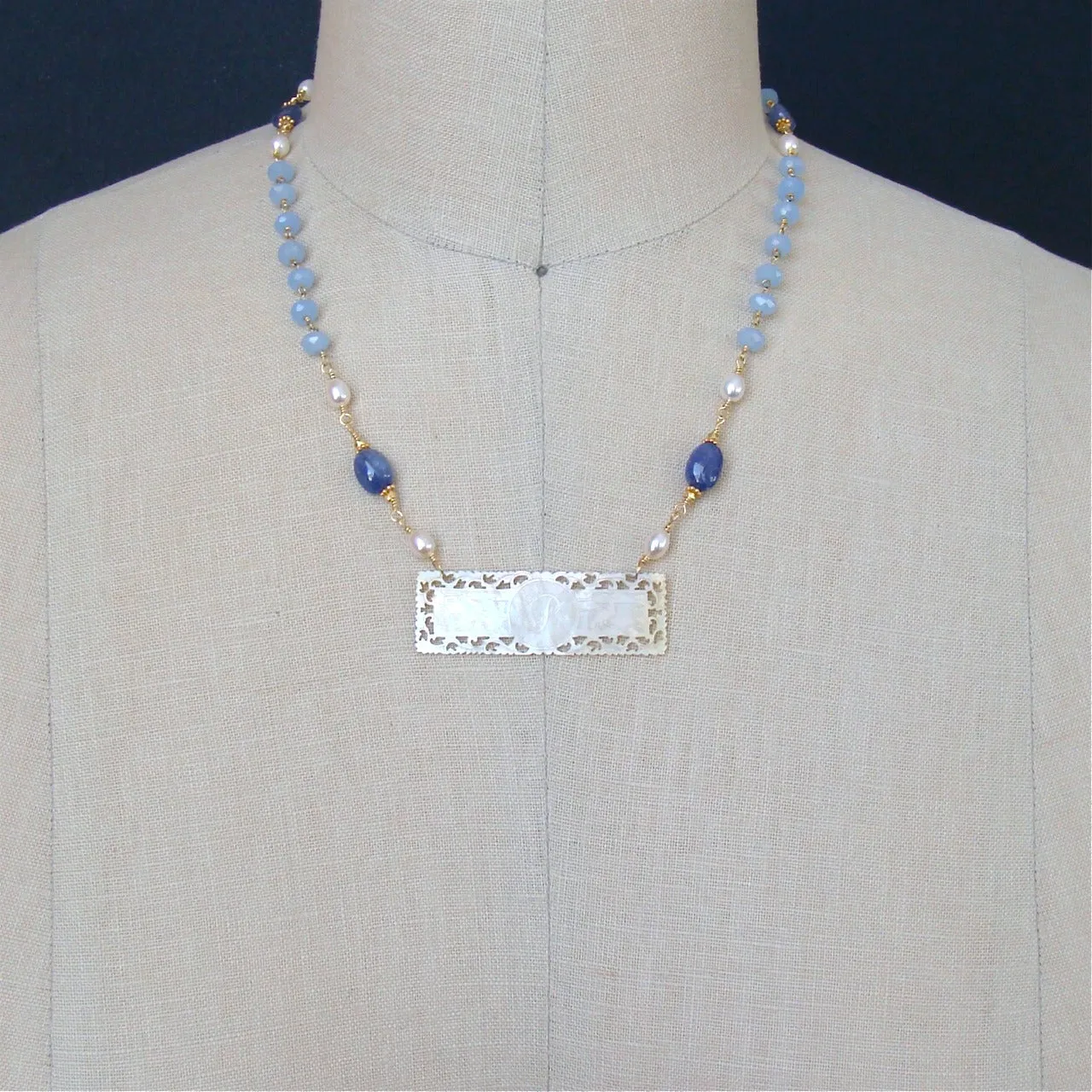 Antique MOP “P” Monogram Gaming Token Blue Chalcedony Tanzanite Necklace - L'offre II Necklace