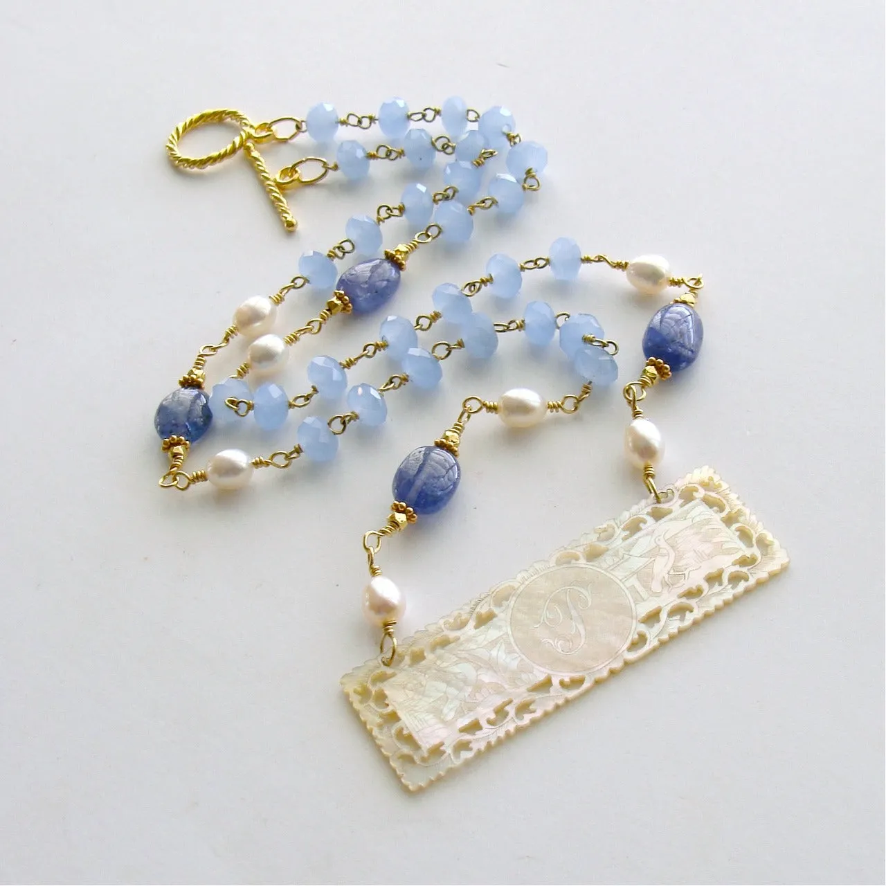 Antique MOP “P” Monogram Gaming Token Blue Chalcedony Tanzanite Necklace - L'offre II Necklace