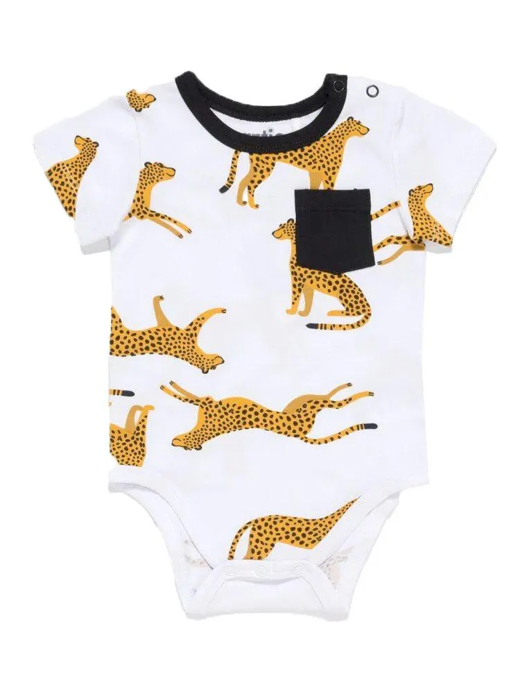 Artie - Leopard Pocket White Short Sleeve Baby Bodysuit