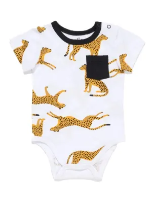 Artie - Leopard Pocket White Short Sleeve Baby Bodysuit