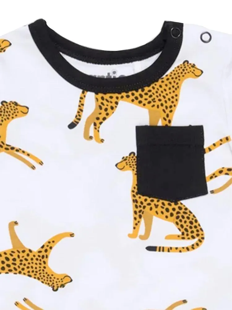 Artie - Leopard Pocket White Short Sleeve Baby Bodysuit