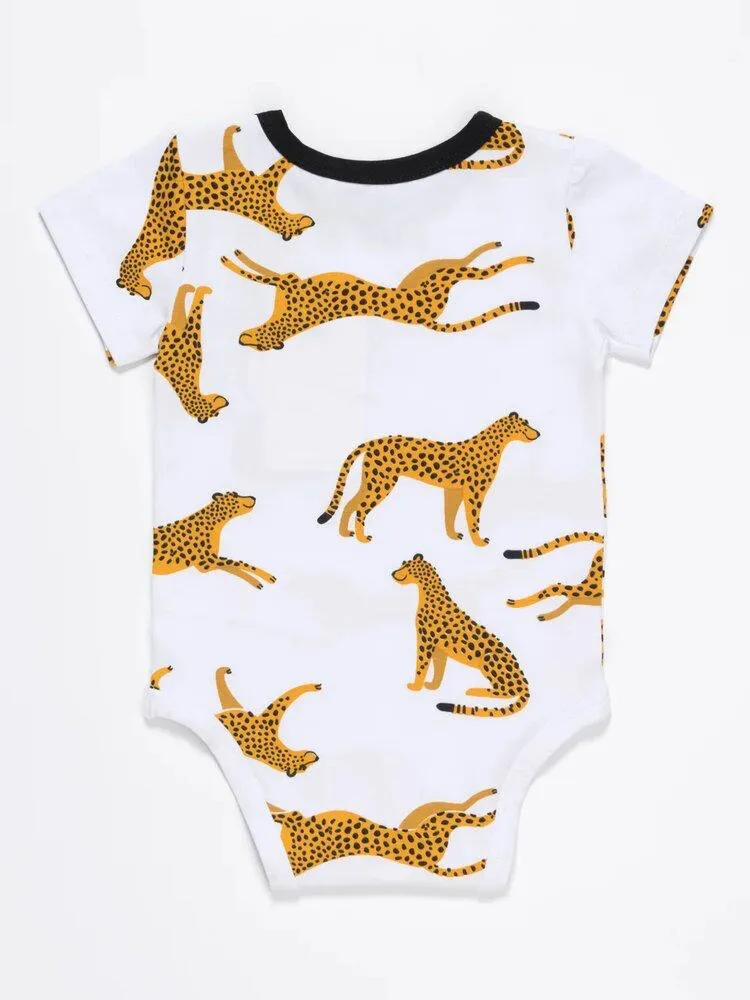 Artie - Leopard Pocket White Short Sleeve Baby Bodysuit