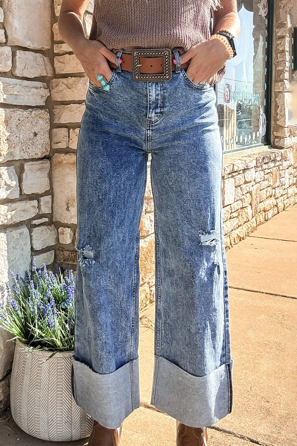 Ashleigh Blue Mineral Wash Bottom Cuff Distressed Wide Leg Jeans