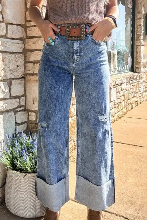 Ashleigh Blue Mineral Wash Bottom Cuff Distressed Wide Leg Jeans