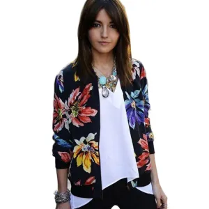 Basic Coat female Long Sleeve Floral Print Zipper Baseball Jacket Coat Outwear