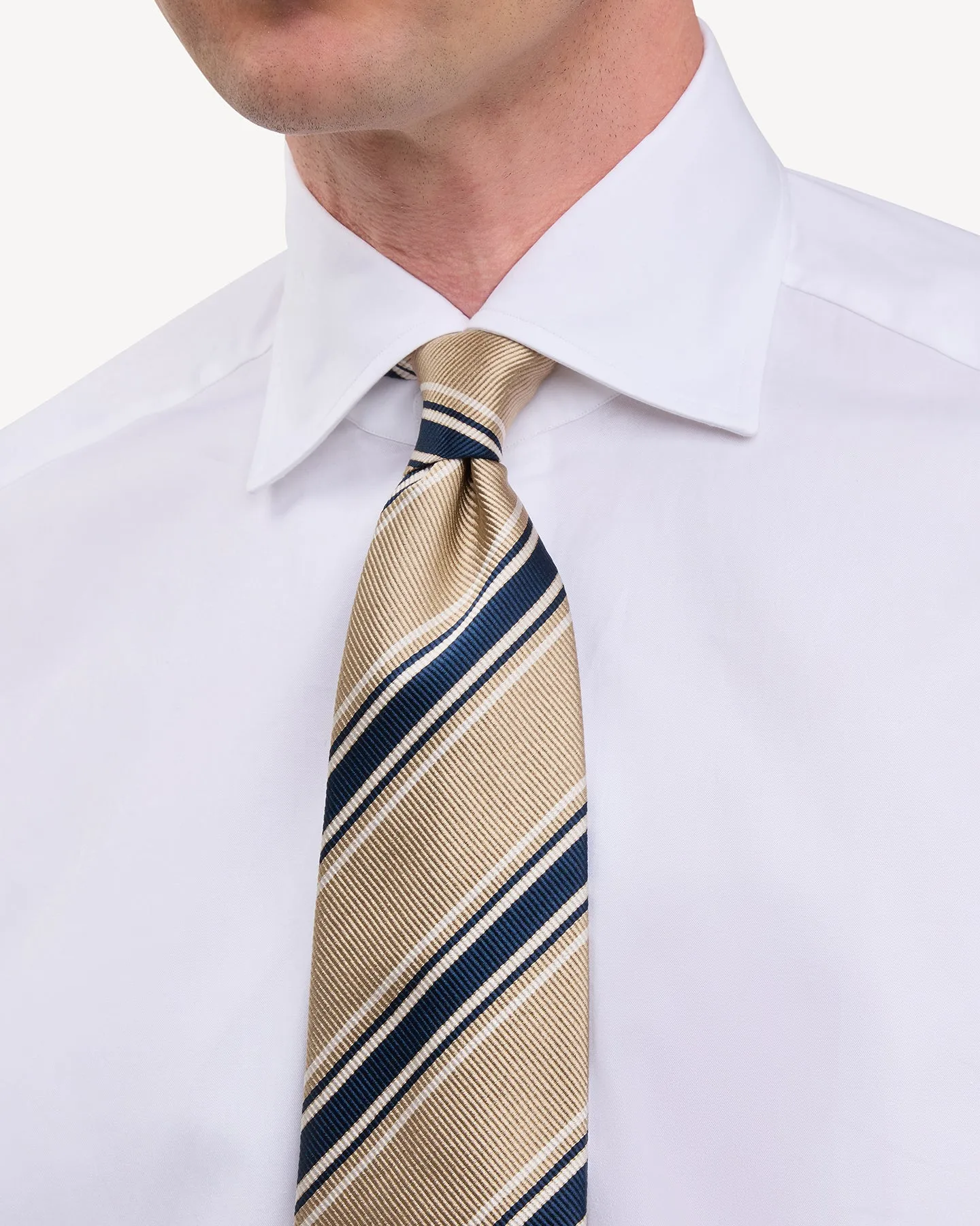 Beige Navy Regimental Stripe Silk Cotton Tie