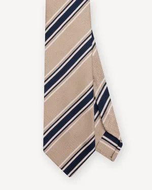 Beige Navy Regimental Stripe Silk Cotton Tie