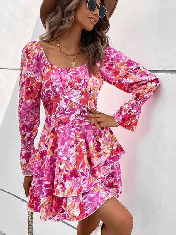BerryBetty - Women's square neck print ruffle sleeve dress