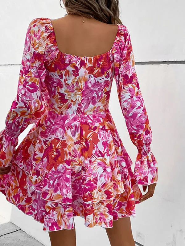 BerryBetty - Women's square neck print ruffle sleeve dress