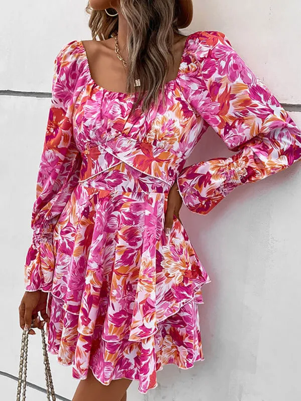 BerryBetty - Women's square neck print ruffle sleeve dress