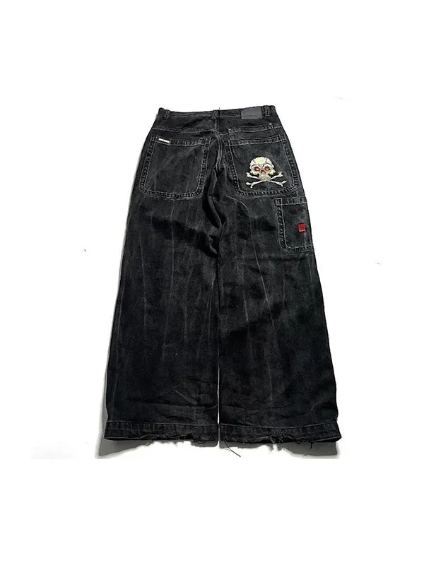 Black retro embroidery boyfriend jeans