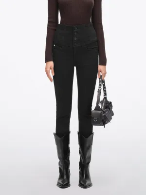 Black Super High Waisted Jeans With Four Buttons