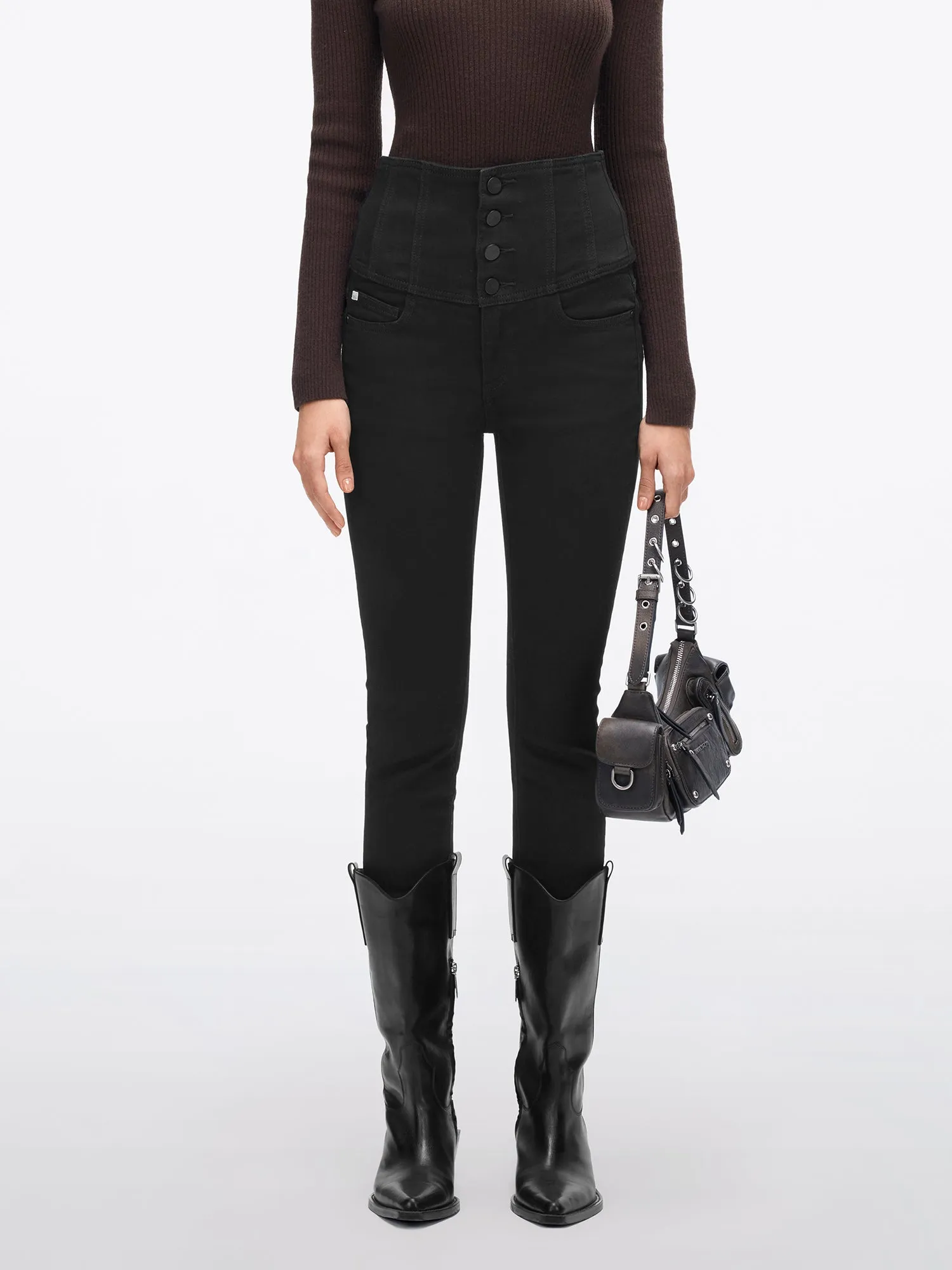 Black Super High Waisted Jeans With Four Buttons