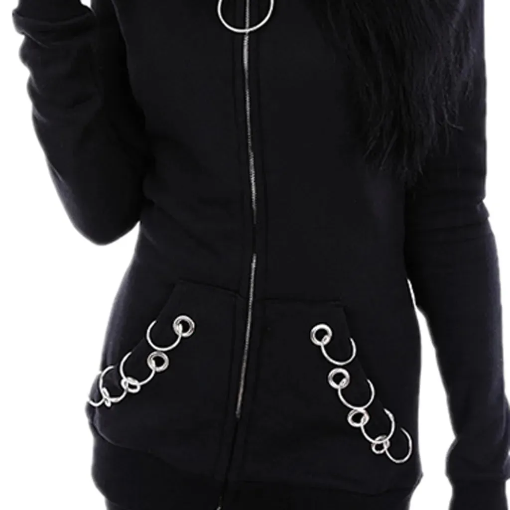 Black Zip-Up Women's Punk Hoodie with Iron Ring Hooded Jacket