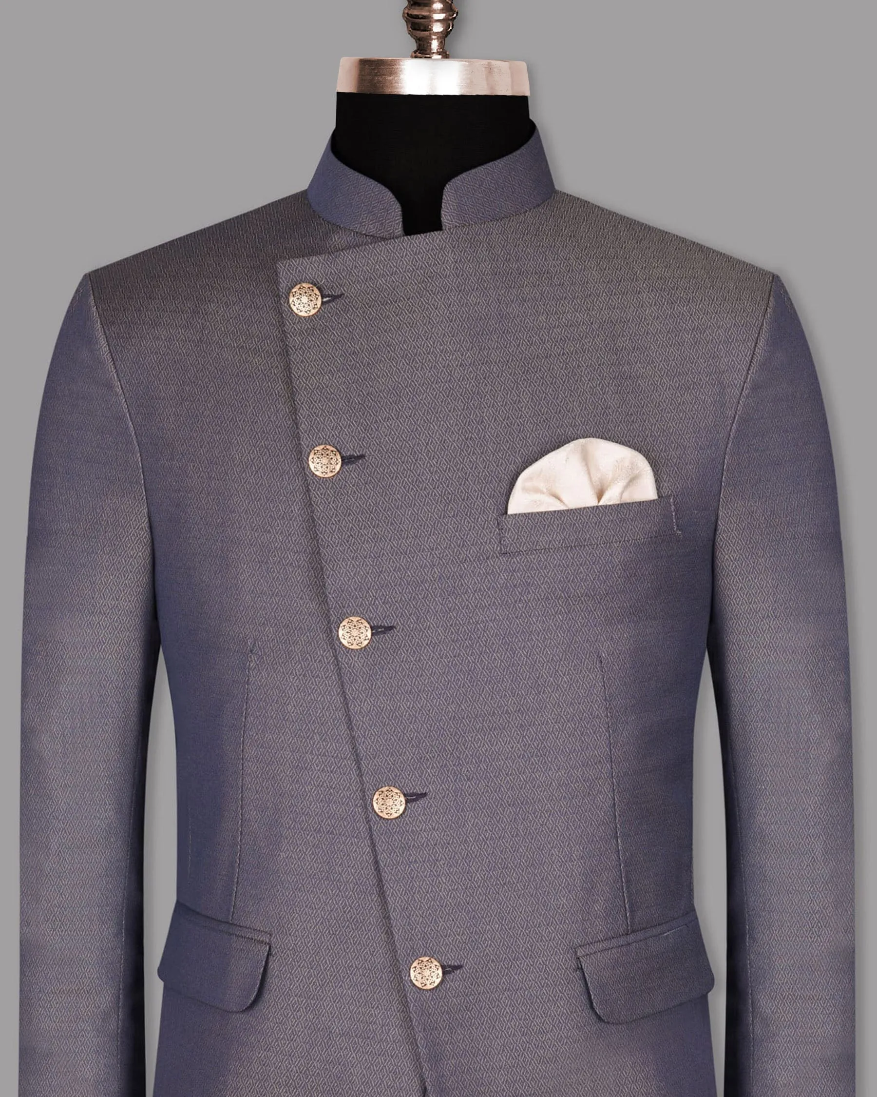 Blue with Light Brown 3D Textured Cross Buttoned Bandhgala/Mandarin Wool blend Blazer