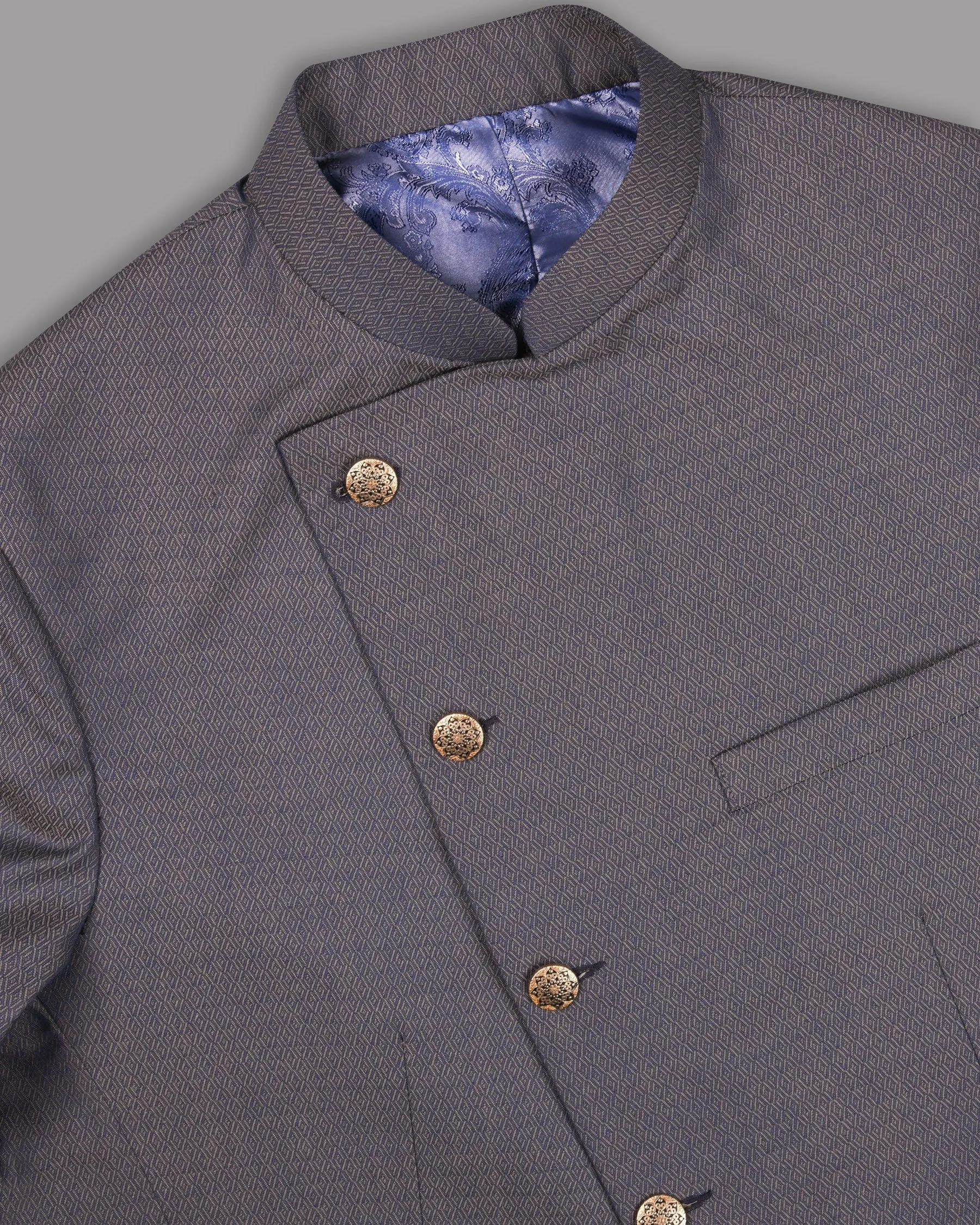 Blue with Light Brown 3D Textured Cross Buttoned Bandhgala/Mandarin Wool blend Blazer