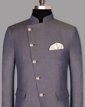 Blue with Light Brown 3D Textured Cross Buttoned Bandhgala/Mandarin Wool blend Blazer