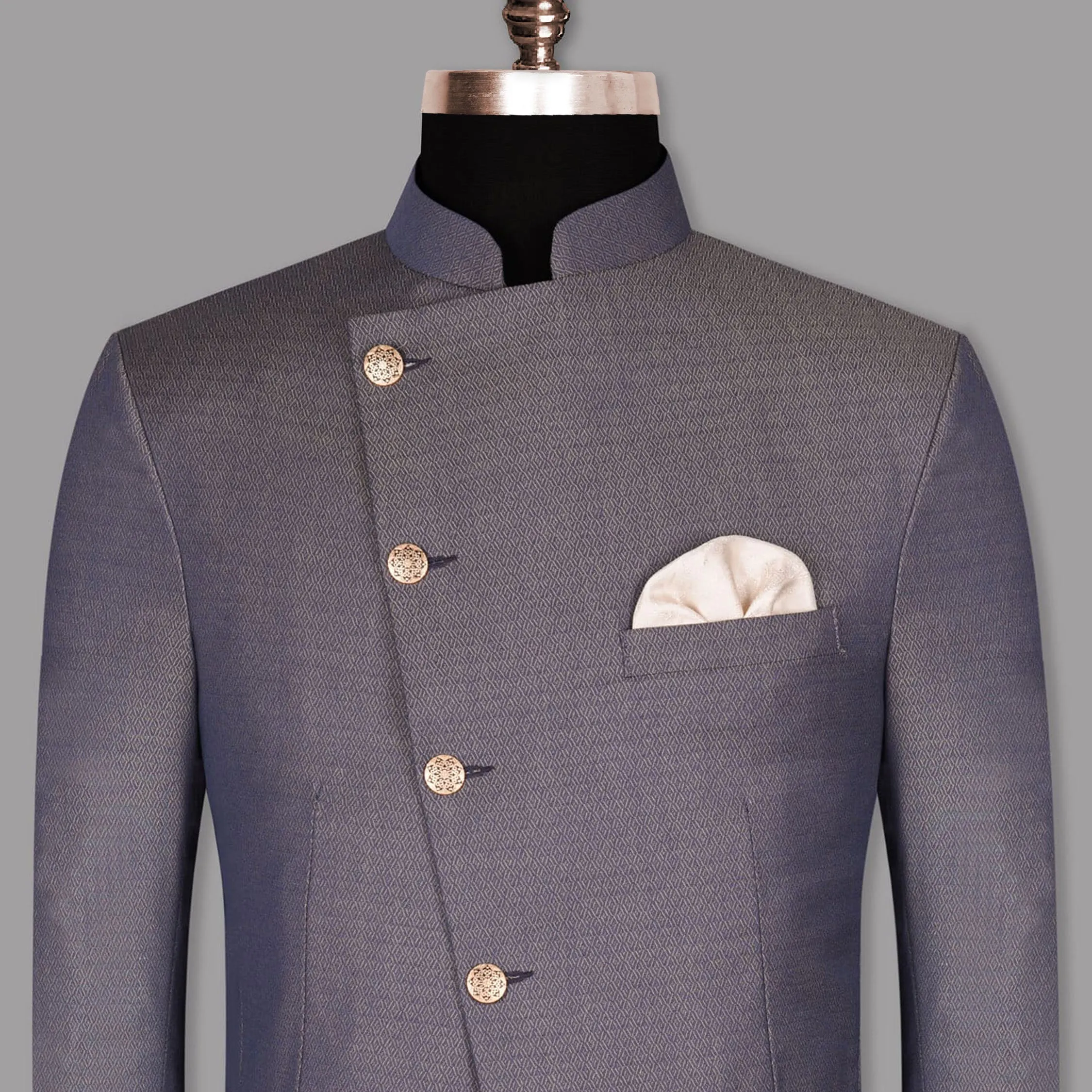 Blue with Light Brown 3D Textured Cross Buttoned Bandhgala/Mandarin Wool blend Blazer