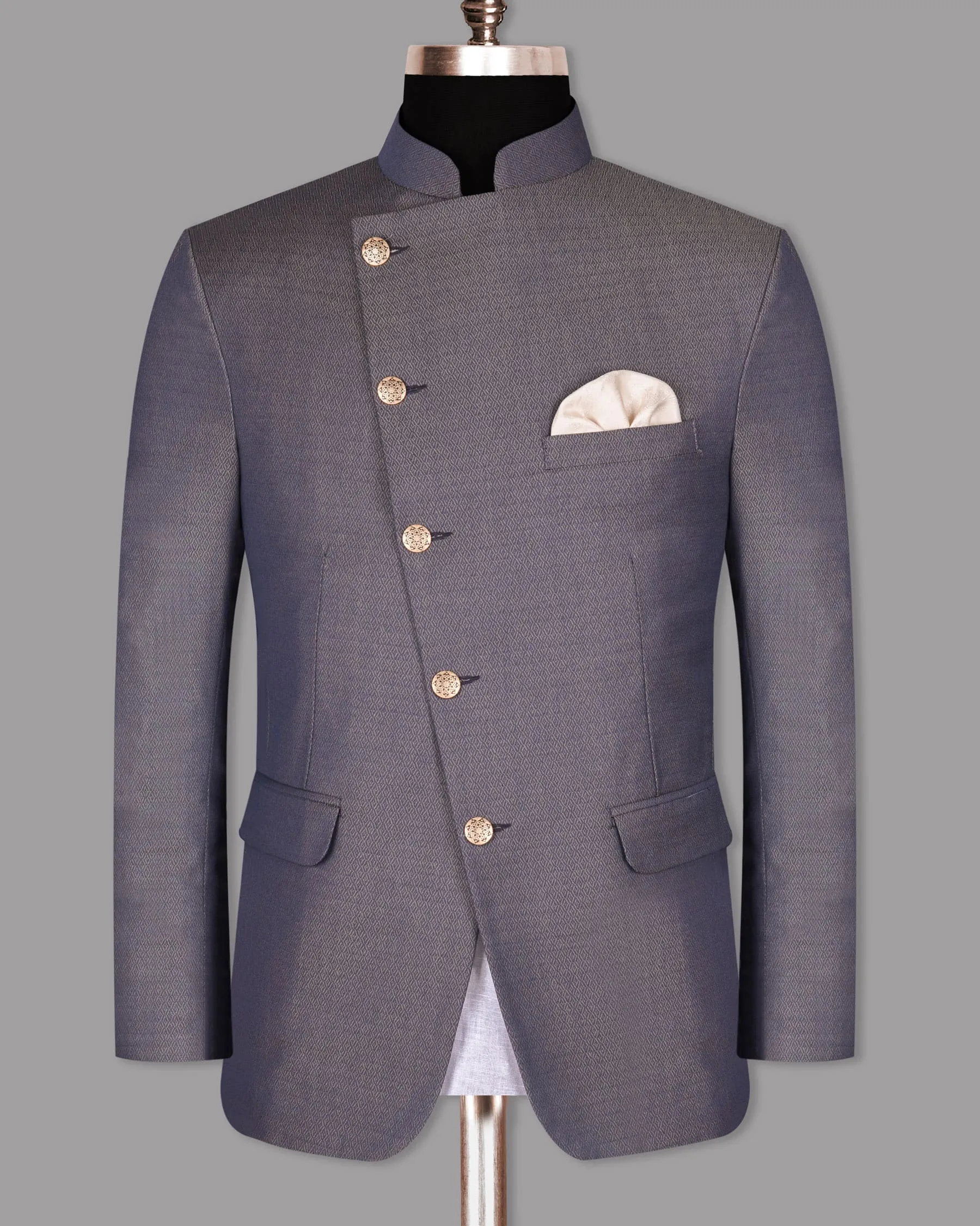 Blue with Light Brown 3D Textured Cross Buttoned Bandhgala/Mandarin Wool blend Blazer