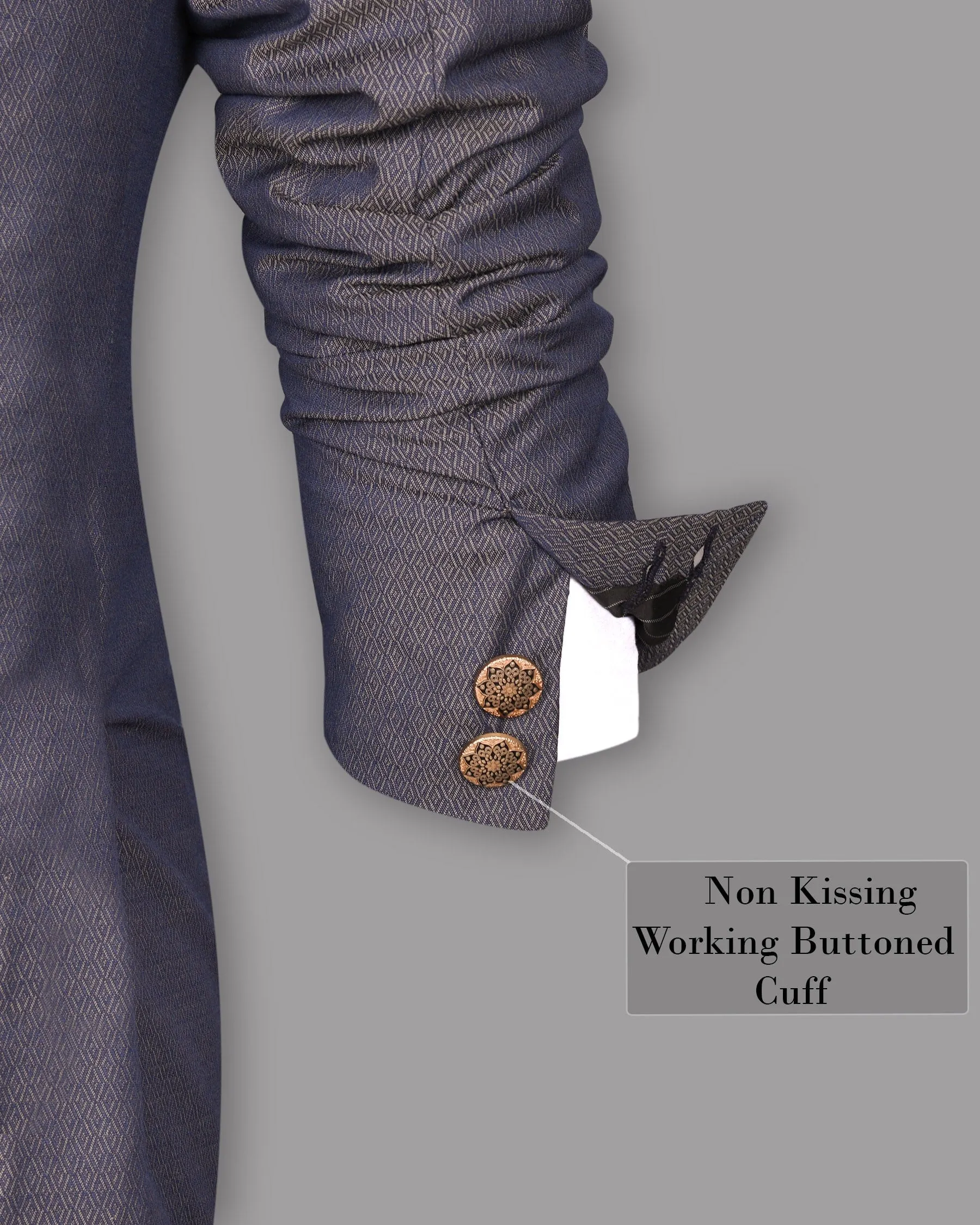 Blue with Light Brown 3D Textured Cross Buttoned Bandhgala/Mandarin Wool blend Blazer
