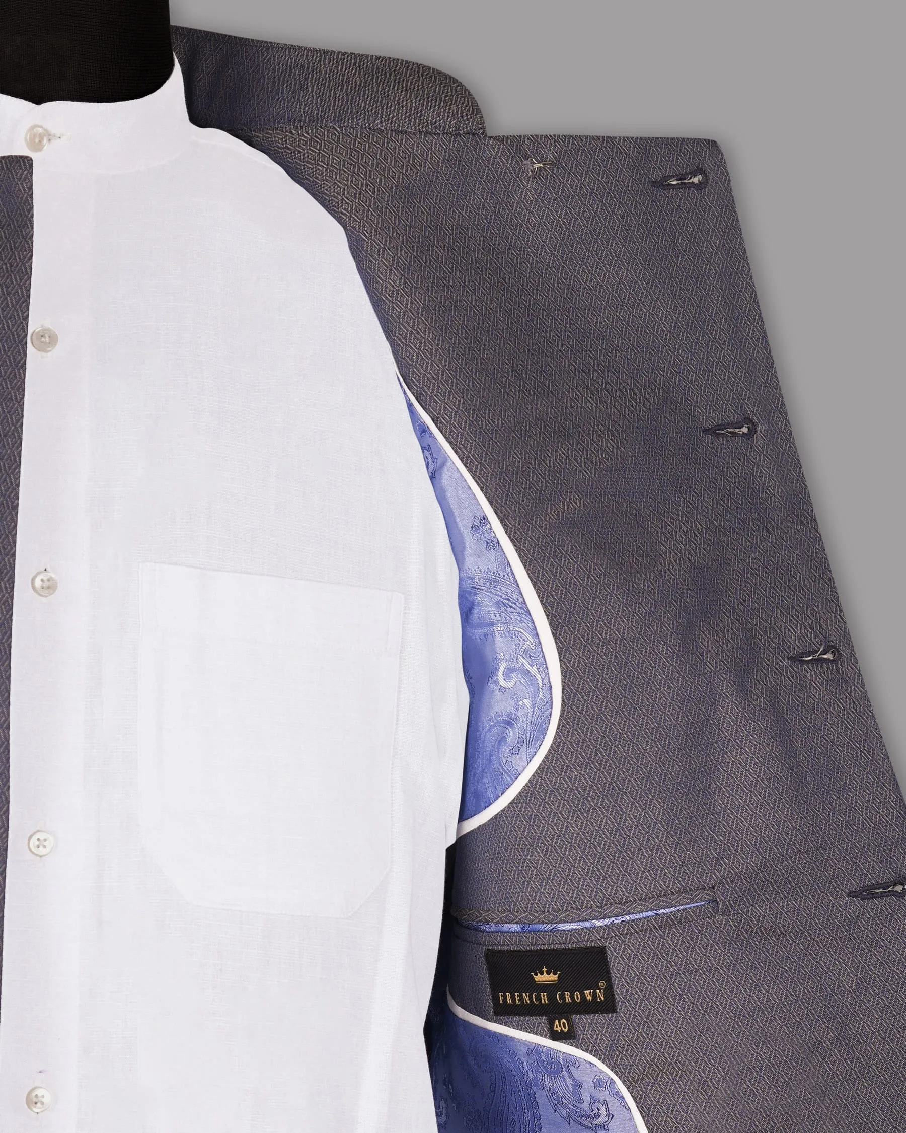 Blue with Light Brown 3D Textured Cross Buttoned Bandhgala/Mandarin Wool blend Blazer