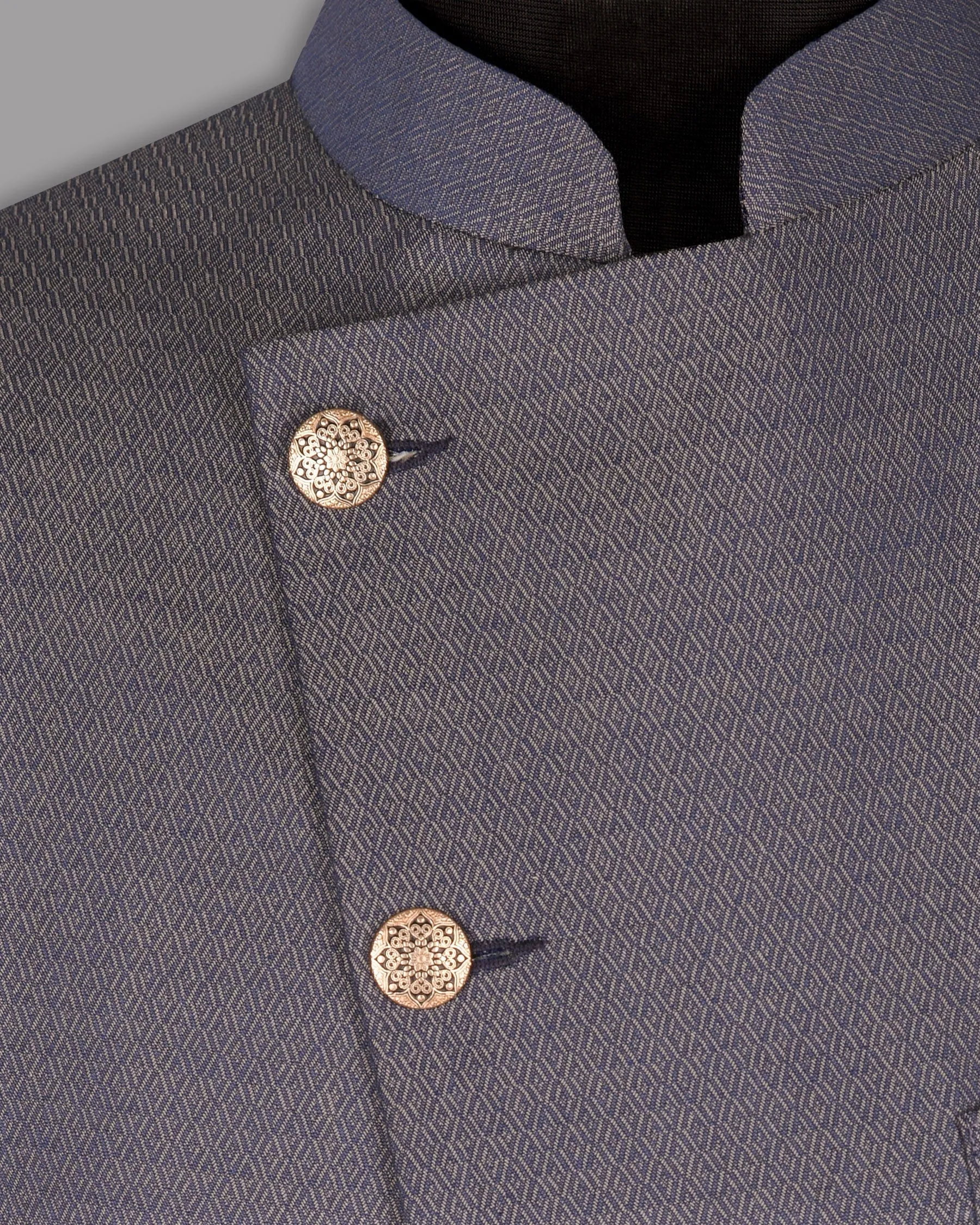 Blue with Light Brown 3D Textured Cross Buttoned Bandhgala/Mandarin Wool blend Blazer