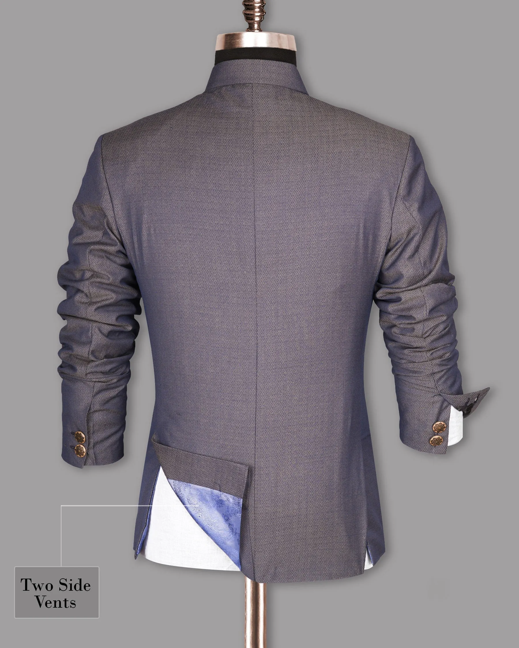 Blue with Light Brown 3D Textured Cross Buttoned Bandhgala/Mandarin Wool blend Blazer