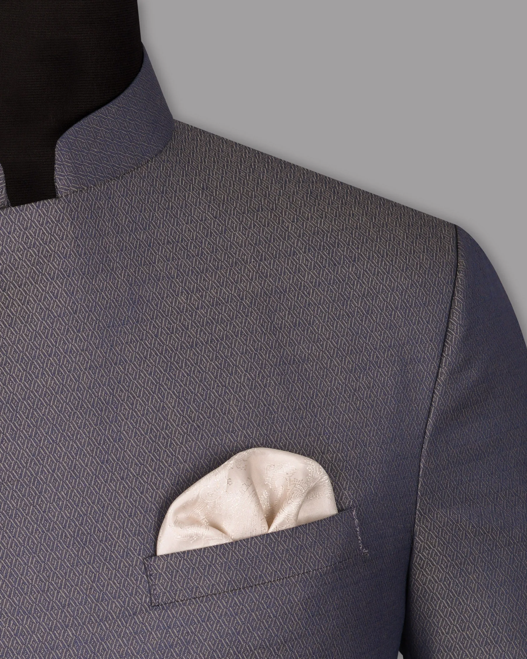 Blue with Light Brown 3D Textured Cross Buttoned Bandhgala/Mandarin Wool blend Blazer