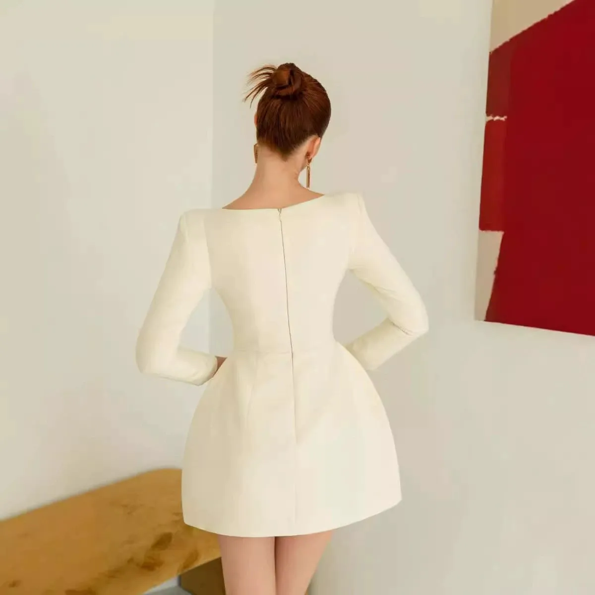 Brianna square-neck a-line mini dress in beige